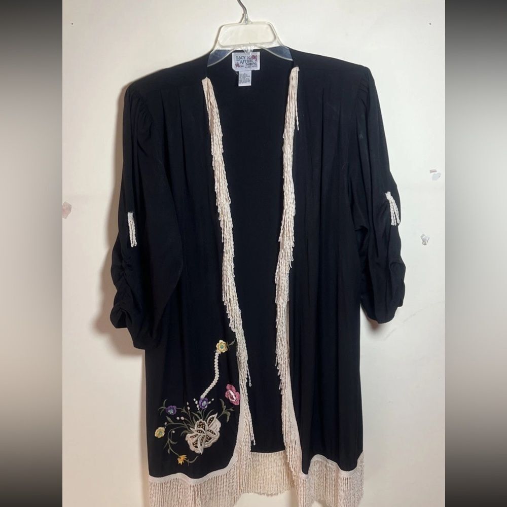 Lacy After Noon Size L Vintage Kimono Cardigan Embroidered Floral With Fringe